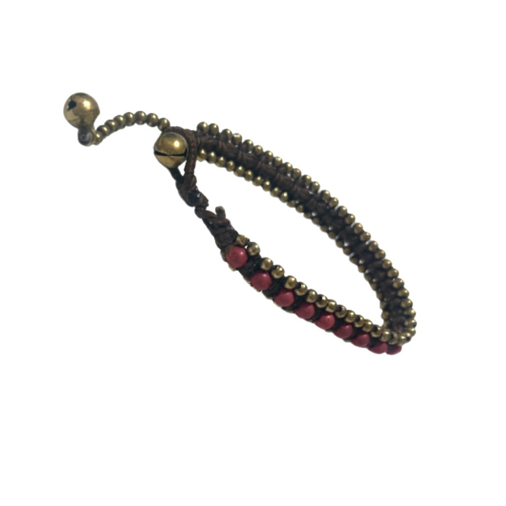 Boho Beaded Bracelet with Red & Gold Accents | Artisan-Made with Bell Closure